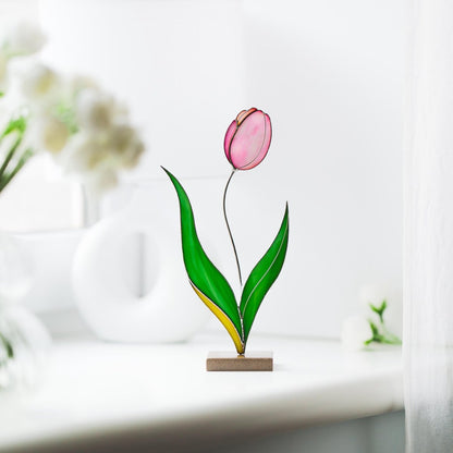 suncatcher stained_glass Tulip Stained Glass Table Decor – Handmade Floral Sculpture for Home