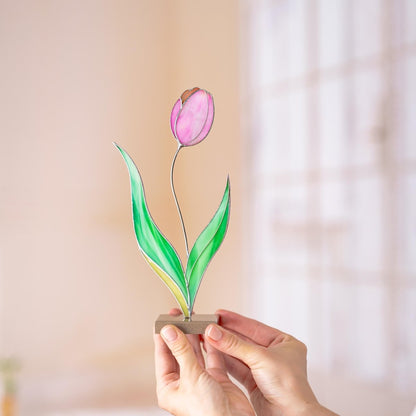 suncatcher stained_glass Tulip Stained Glass Table Decor – Handmade Floral Sculpture for Home