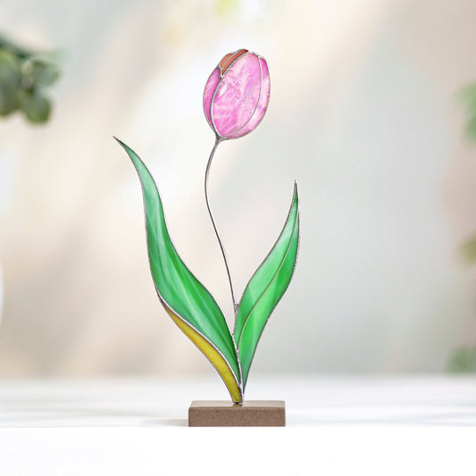 suncatcher Top product stained_glass Tulip Stained Glass Table Decor – Handmade Floral Sculpture for Home