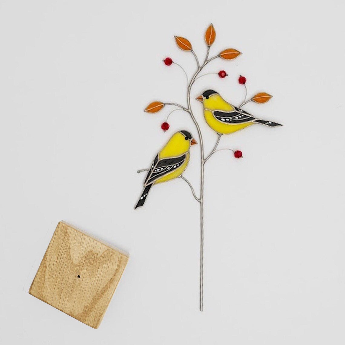 suncatcher Bird stained_glass Two American Goldfinch Stained glass - Unique Table Decor 13x3.7 inch