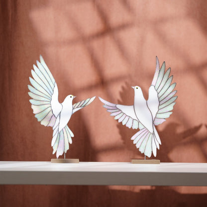 suncatcher stained_glass White Dove Stained Glass Sculpture Pair with Stone Base