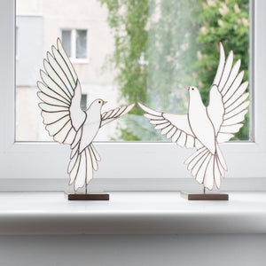 suncatcher stained_glass White Dove Stained Glass Sculpture Pair with Stone Base