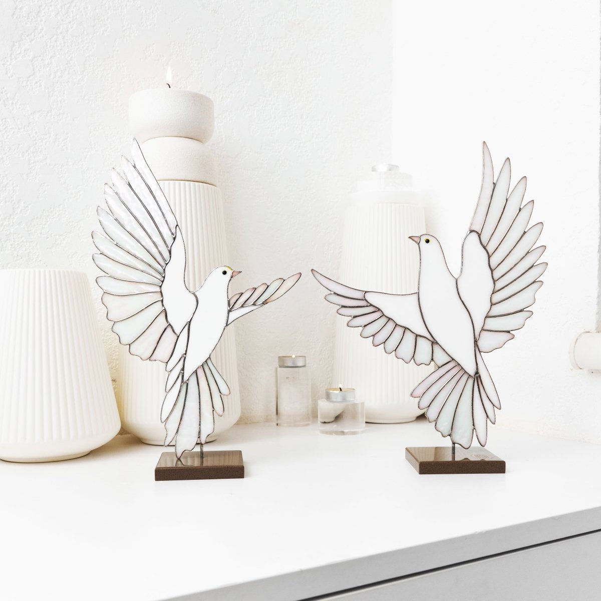 suncatcher stained_glass White Dove Stained Glass Sculpture Pair with Stone Base