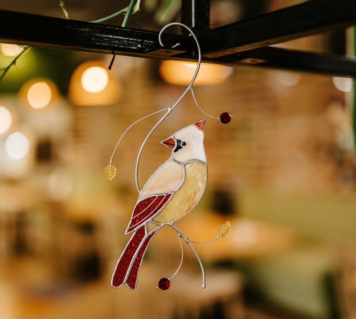 Lady Cardinal shops on a Branch - Stained Glass Suncatcher - Original Design