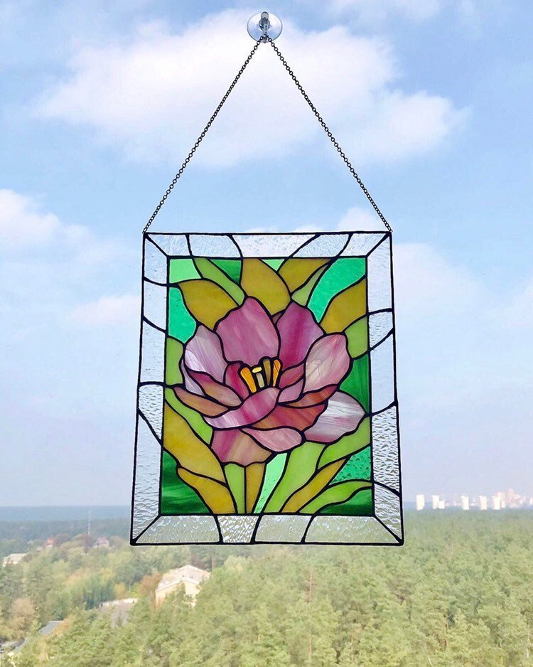 _stained_glass_from_Vitrage_art_Stained glass Peony Panel suncatcher window hanging Home decor Gift for Christmas