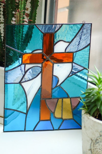 _stained_glass_from_Vitrage_art_Stained glass panel with holy cross home decor Custom stained glass window hangings Christmas gift