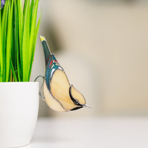 suncatcher stained_glass Stained glass Cedar Waxwing bird suncatcher Pot Decor Mother's Day Gift