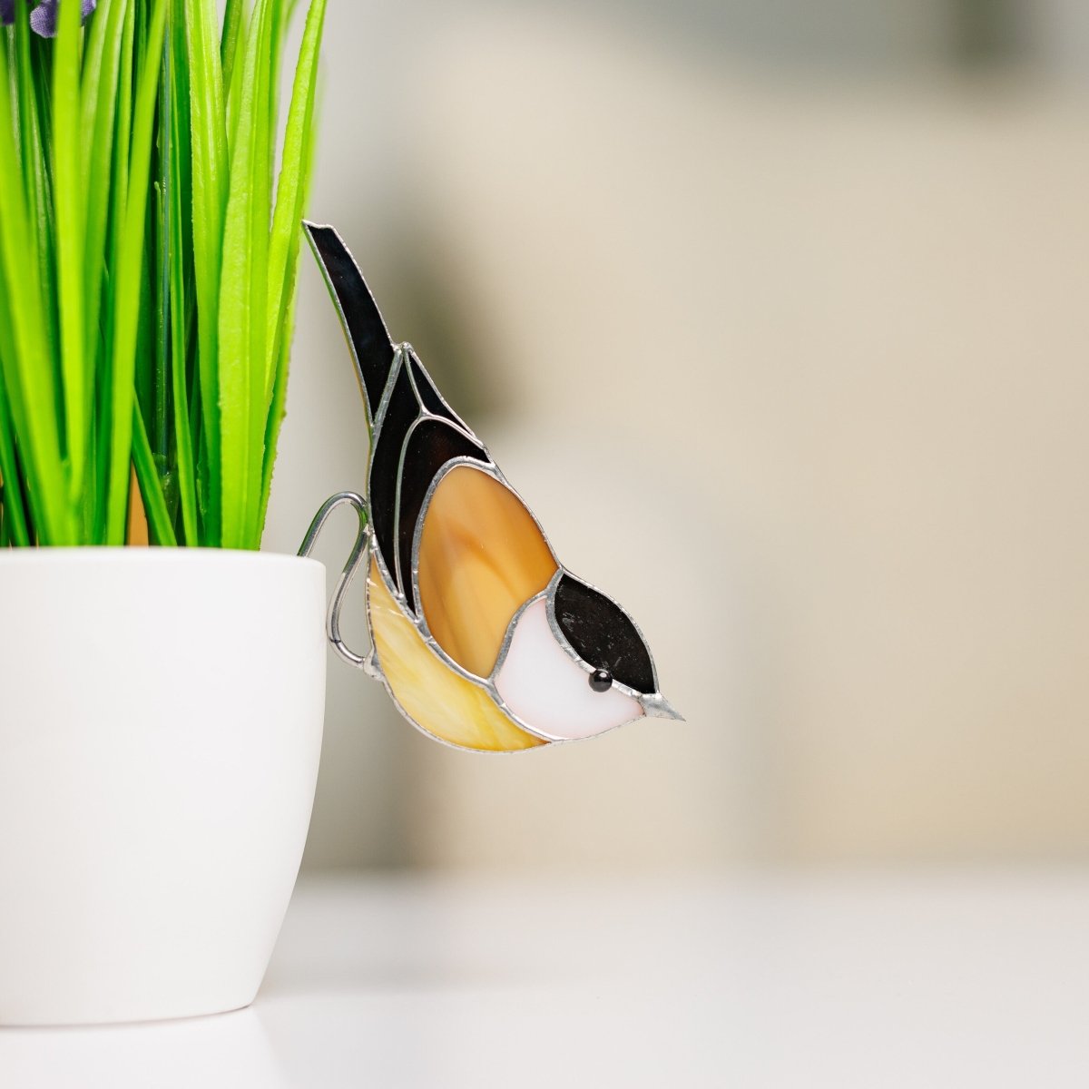 suncatcher stained_glass Stained glass Chickadee bird suncatcher Pot Decor Mother's Day Gift