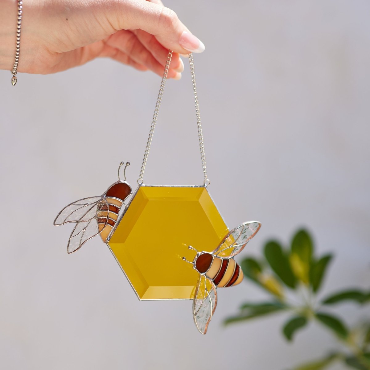 suncatcher stained_glass Stained Glass Honeycomb with a Honeybees - Window & Wall Decor