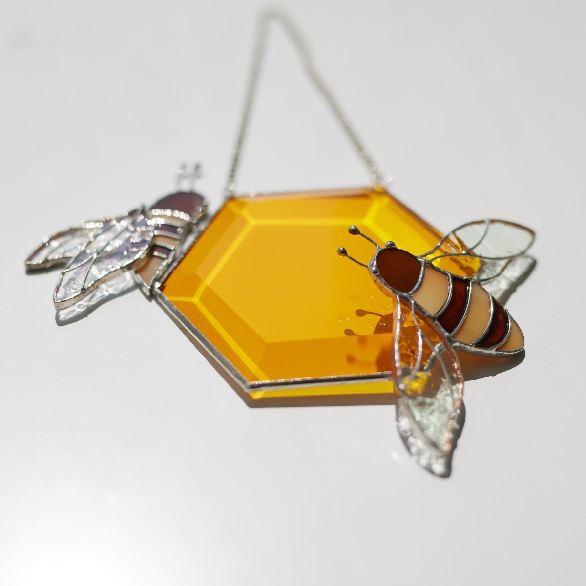 suncatcher stained_glass Stained Glass Honeycomb with a Honeybees - Window & Wall Decor