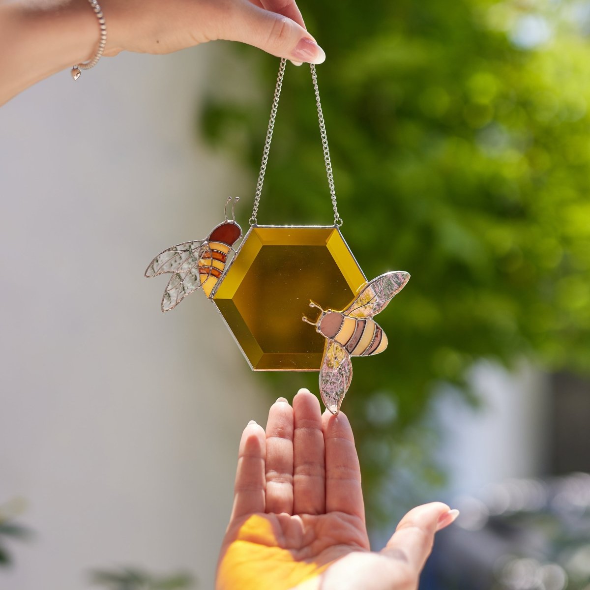 suncatcher stained_glass Stained Glass Honeycomb with a Honeybees - Window & Wall Decor