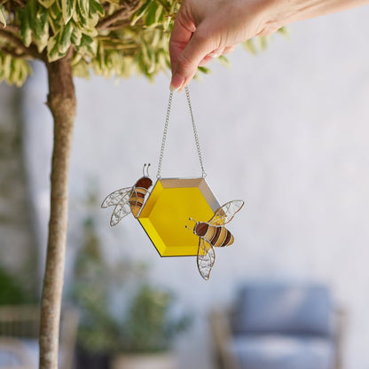 suncatcher stained_glass Stained Glass Honeycomb with a Honeybees - Window & Wall Decor