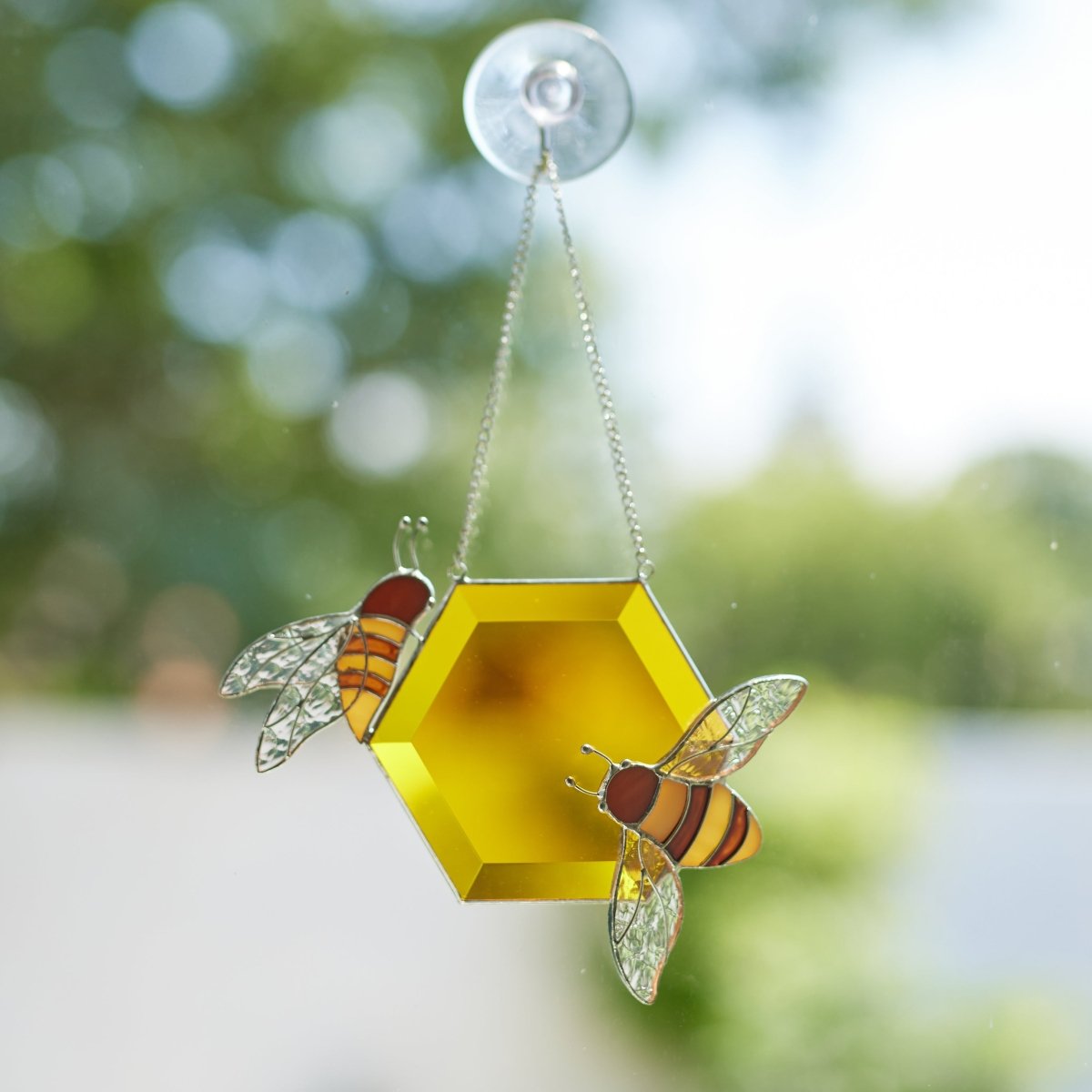 suncatcher stained_glass Stained Glass Honeycomb with a Honeybees - Window & Wall Decor