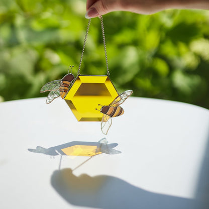 suncatcher stained_glass Stained Glass Honeycomb with a Honeybees - Window & Wall Decor