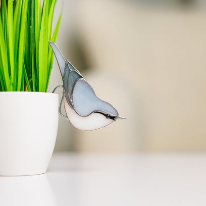 suncatcher stained_glass Stained glass Nuthatch bird suncatcher Pot Decor Mother's Day Gift